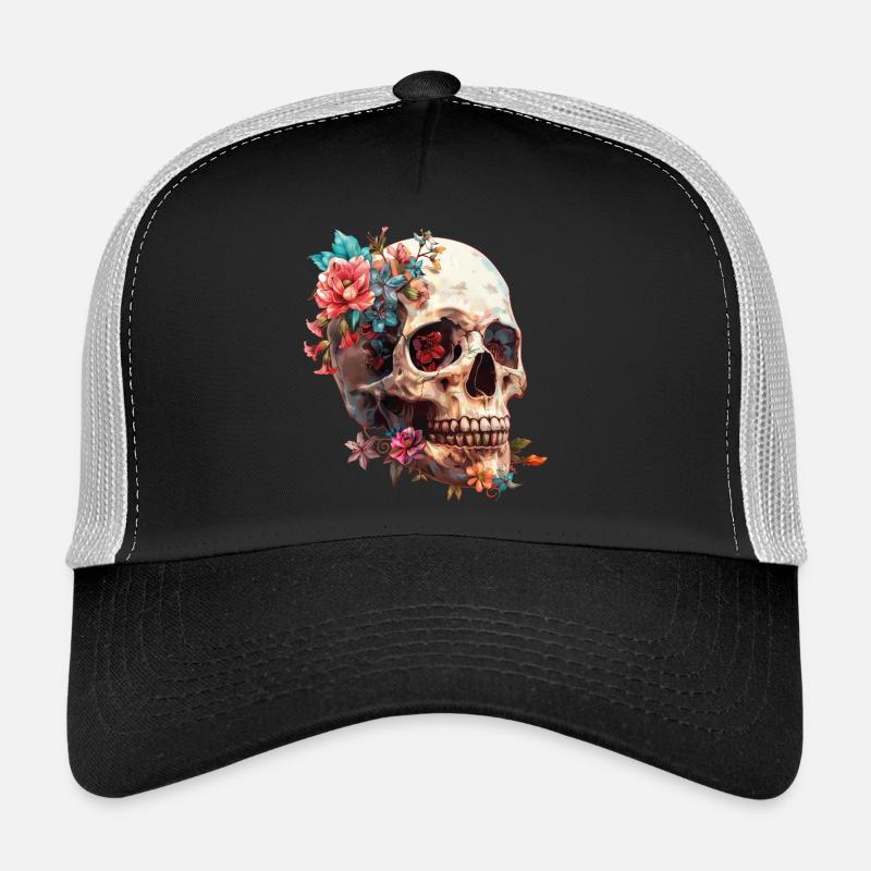 Crâne, crâne avec des fleurs Casquette trucker 