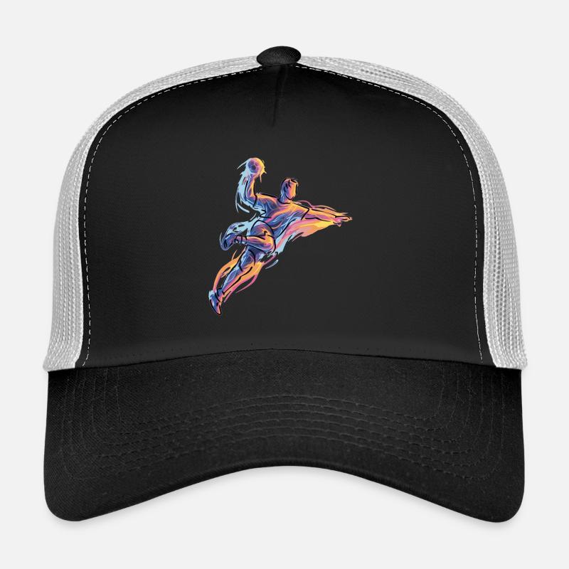 Dynamic handball jump throw in neon flames Trucker Cap