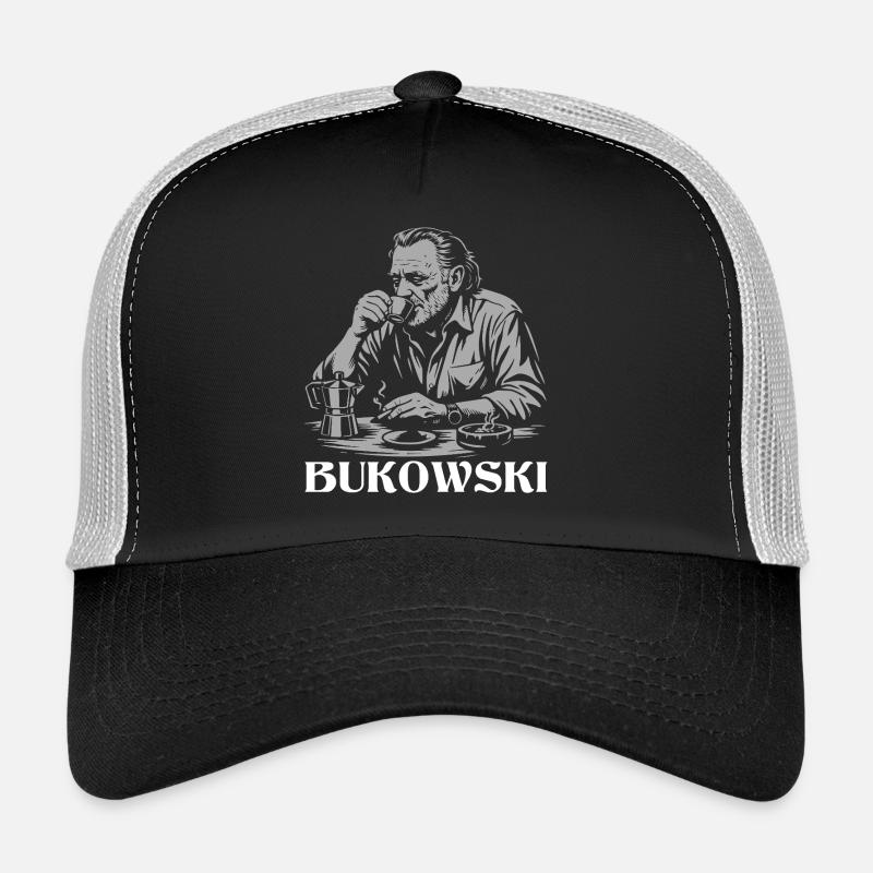 Charles Bukowski drinking coffee at the cafe Trucker Cap