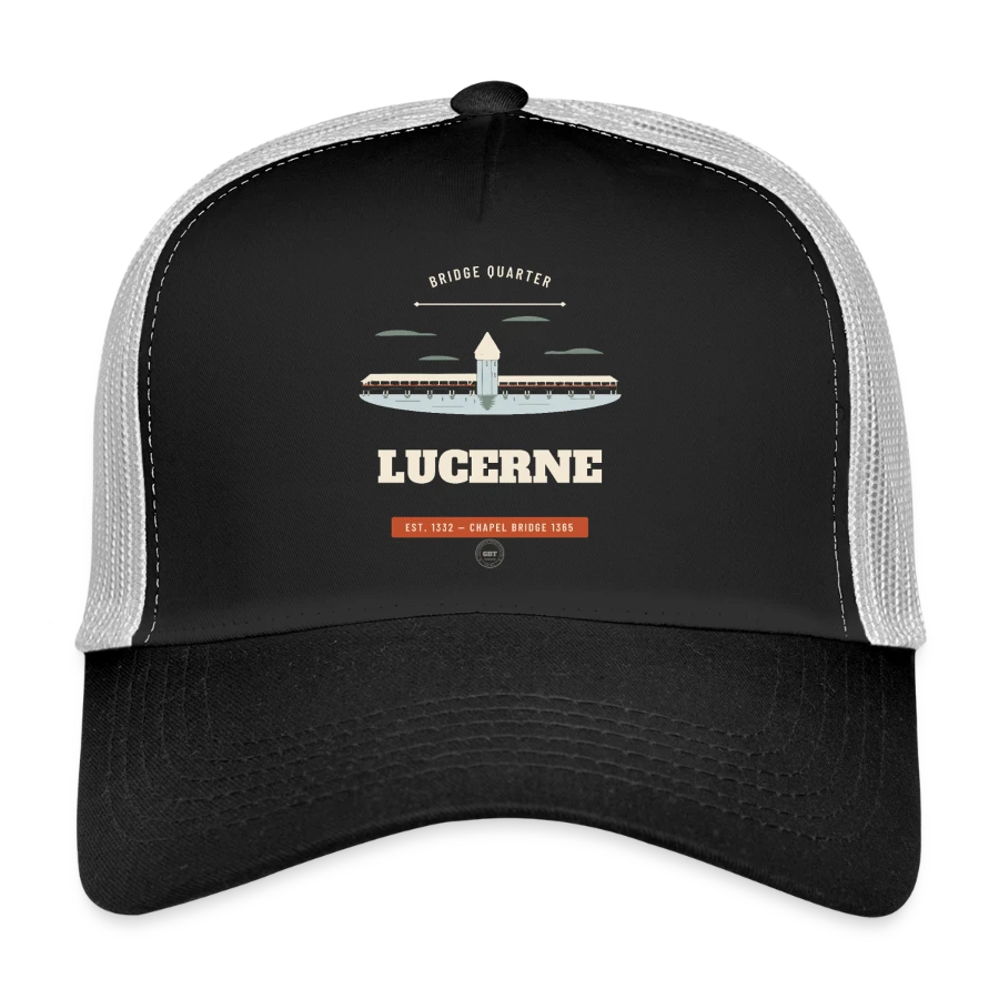 Lucerne badge on a trucker cap, black/stone grey