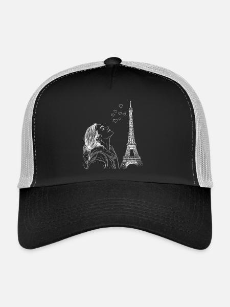 Paris Tour Eiffel France Femme Coeurs Line Art - Casquette trucker  - noir/gris pierre - Devant