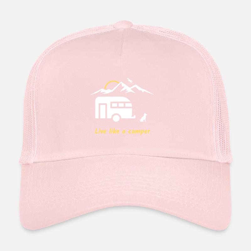 Live like a camper, Hund, Berge, Vogel, Wohnwagen Trucker Cap