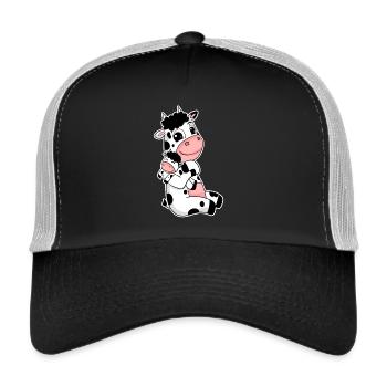Famille vache - Vache avec bébé - Motif vache - Casquette trucker  - noir/gris pierre - Devant