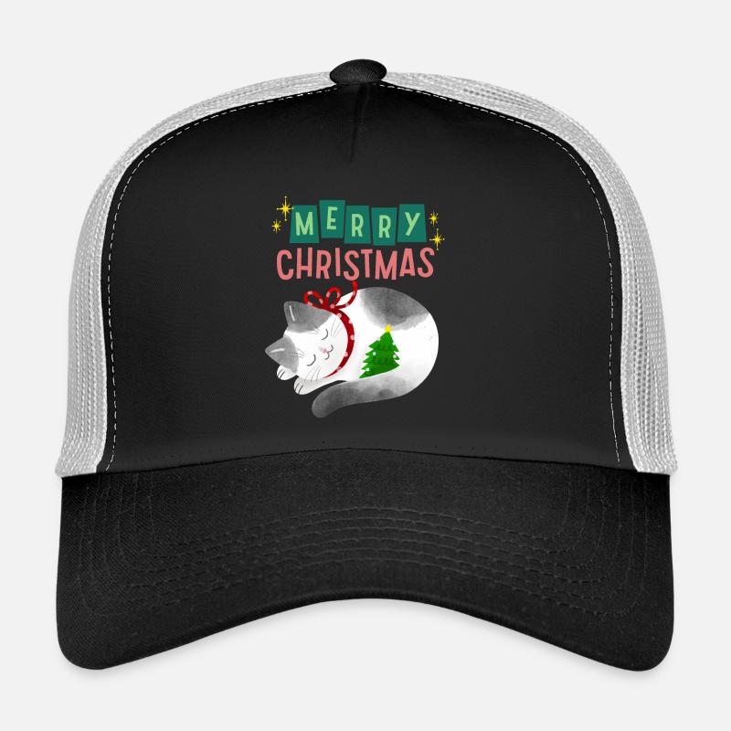Cat with Christmas tree, Christmas saying Trucker Cap