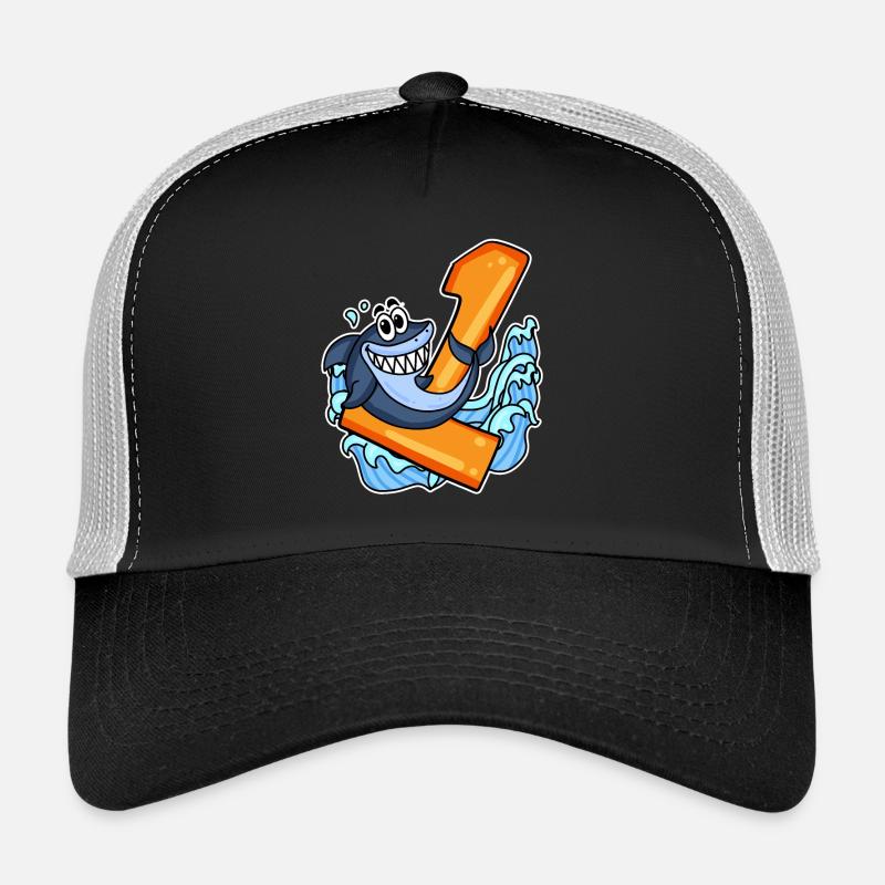 1 Jahr alt - Einschulung - Hai Motiv - Trucker Cap - Schwarz/Steingrau