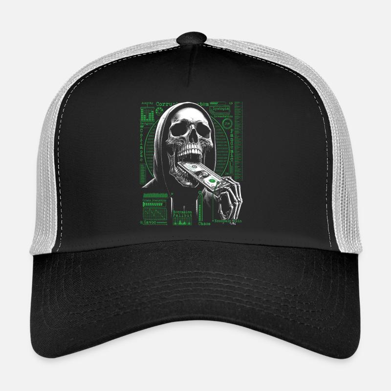 Hacker Skull Eating Dollar - Anarchie et corruption - Casquette trucker - noir/gris pierre