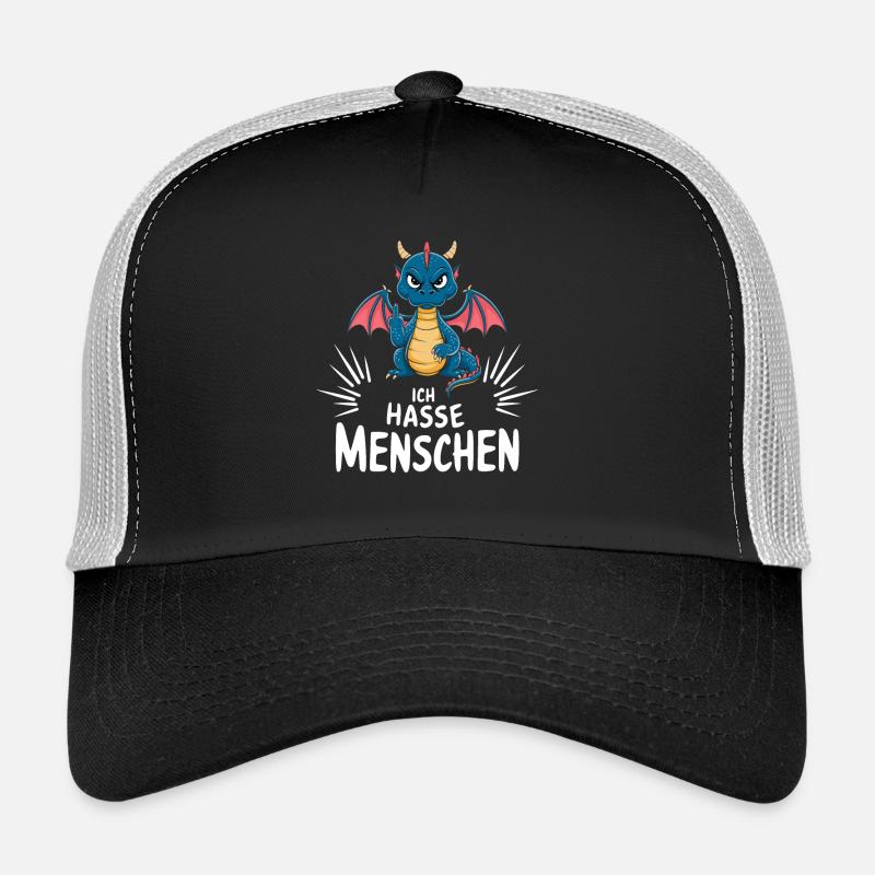 „Ich hasse Menschen“ – Frecher Drache mit Flügeln - Trucker Cap - Schwarz/Steingrau