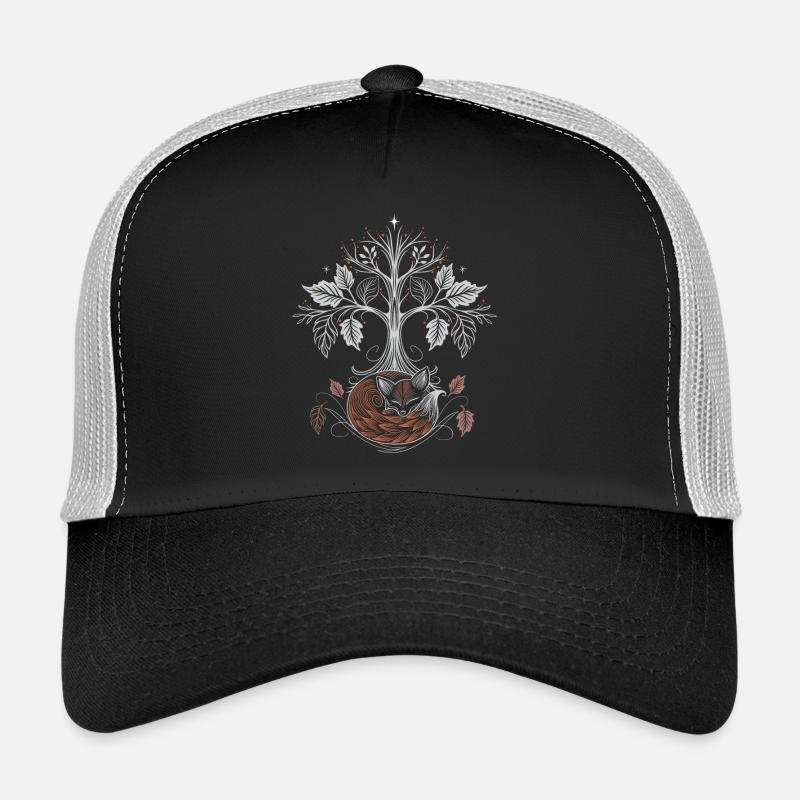 Schlafender Fuchs unter Lebensbaum - Herbstnacht - Trucker Cap - Schwarz/Steingrau
