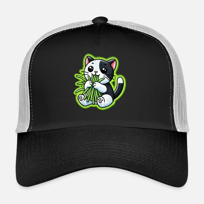 Mignon chat noir et blanc mangeant de l’herbe verte - Casquette trucker  - noir/gris pierre