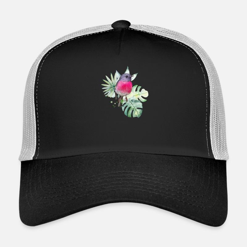 Aquarellrosa Rotkehlchen mit tropischen Blättern Trucker Cap