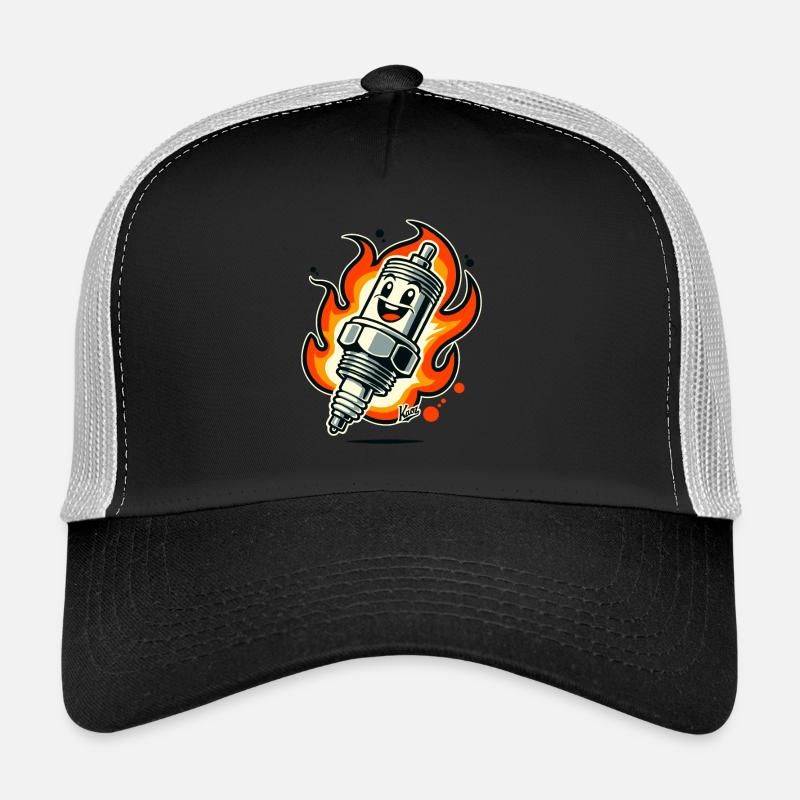 Cheerful spark plug on fire Trucker Cap