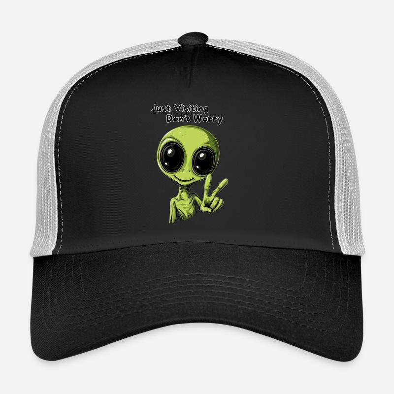 Just Visiting Don't Worry - Lustiges Alien Design - Trucker Cap - Schwarz/Steingrau