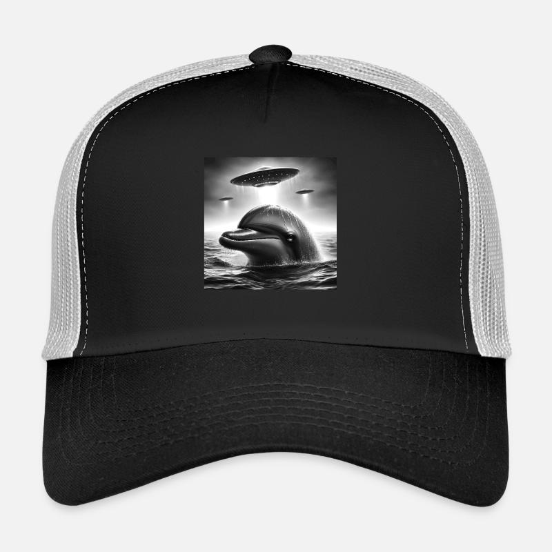 Dolphin Sea Funny Graphic Selfie with UFOs Weird A Trucker Cap