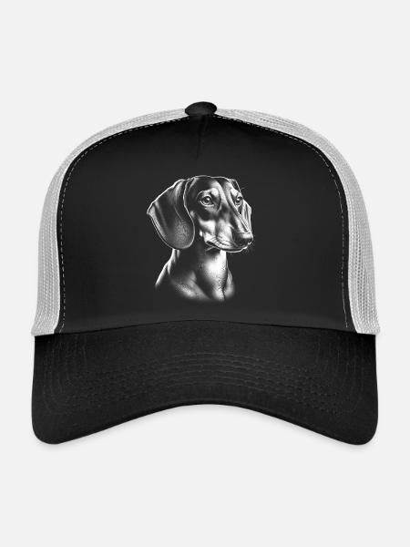 Tête de teckel réaliste en tant que portrait en noir et blanc - Casquette trucker  - noir/gris pierre - Devant