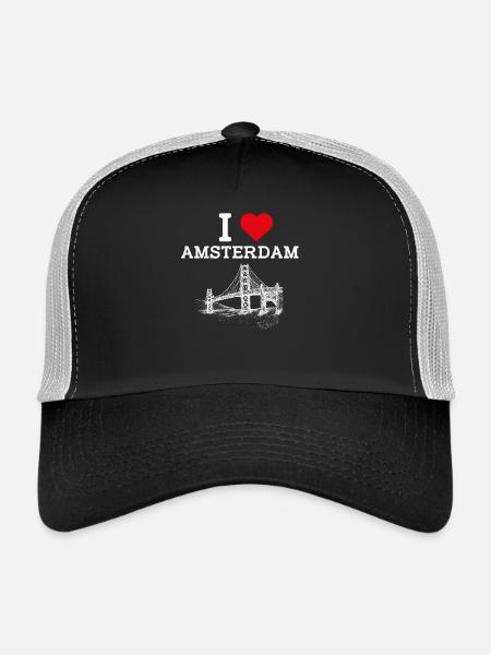 J’aime Amsterdam Pays-Bas Golden Gate Bridge Jeu de mots - Casquette trucker  - noir/gris pierre - Devant
