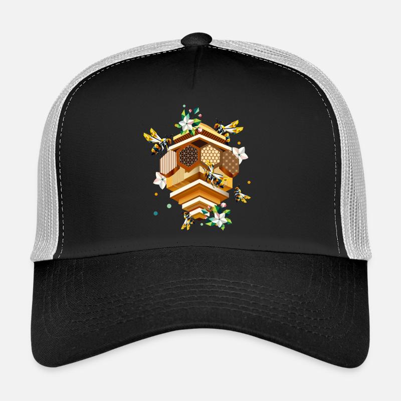 Beehive swarmed by bees and apple blossoms Trucker Cap