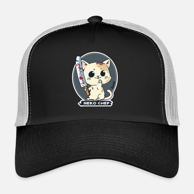 Neko Chef – Freche Katze mit Kochmesser - Trucker Cap - Schwarz/Steingrau