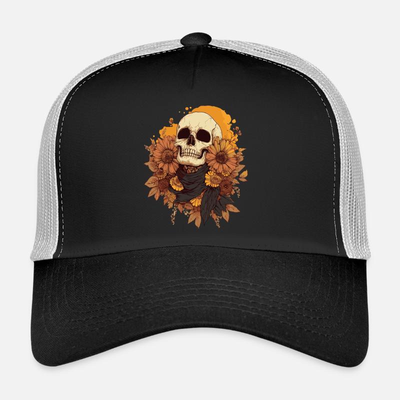 Crâne d’automne avec des fleurs Casquette trucker 