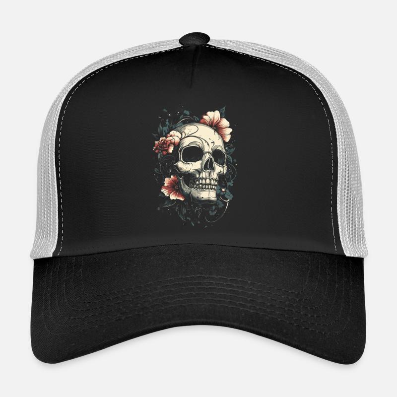 Crâne avec des fleurs style de tatouage Casquette trucker 
