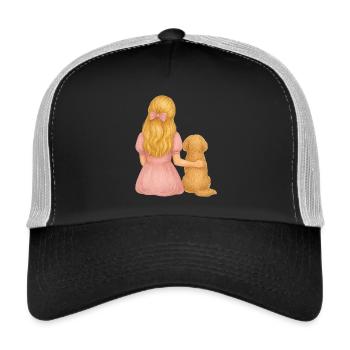 Junge Frau mit kleinem Hund – Zartes Aquarellmotiv - Trucker Cap - Schwarz/Steingrau - Vorne