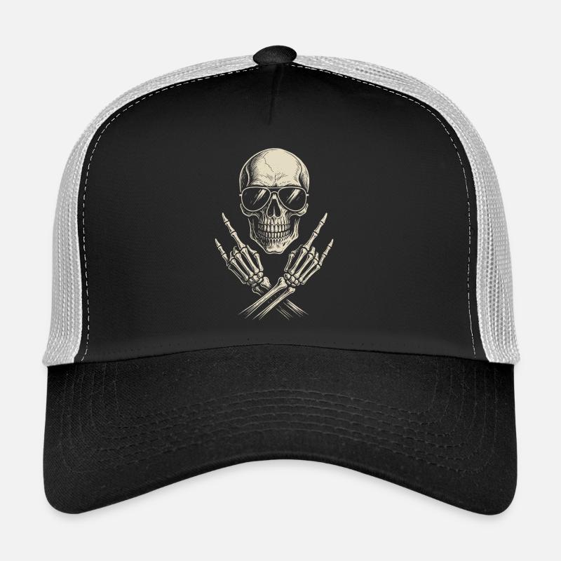 Rock Musik, Totenkopf, Rock Hand, Heavy Metal - Trucker Cap - Schwarz/Steingrau