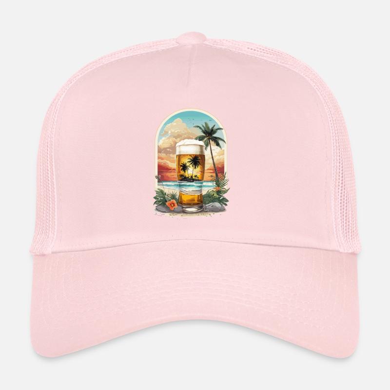Plage tropicale idyllique avec palmiers et bière Casquette trucker 