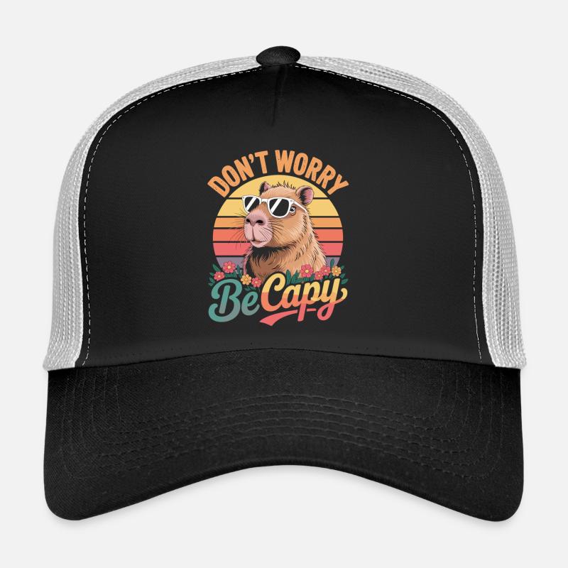 Don’t Worry Be Capy - Retro Capybara - Trucker Cap - Schwarz/Steingrau