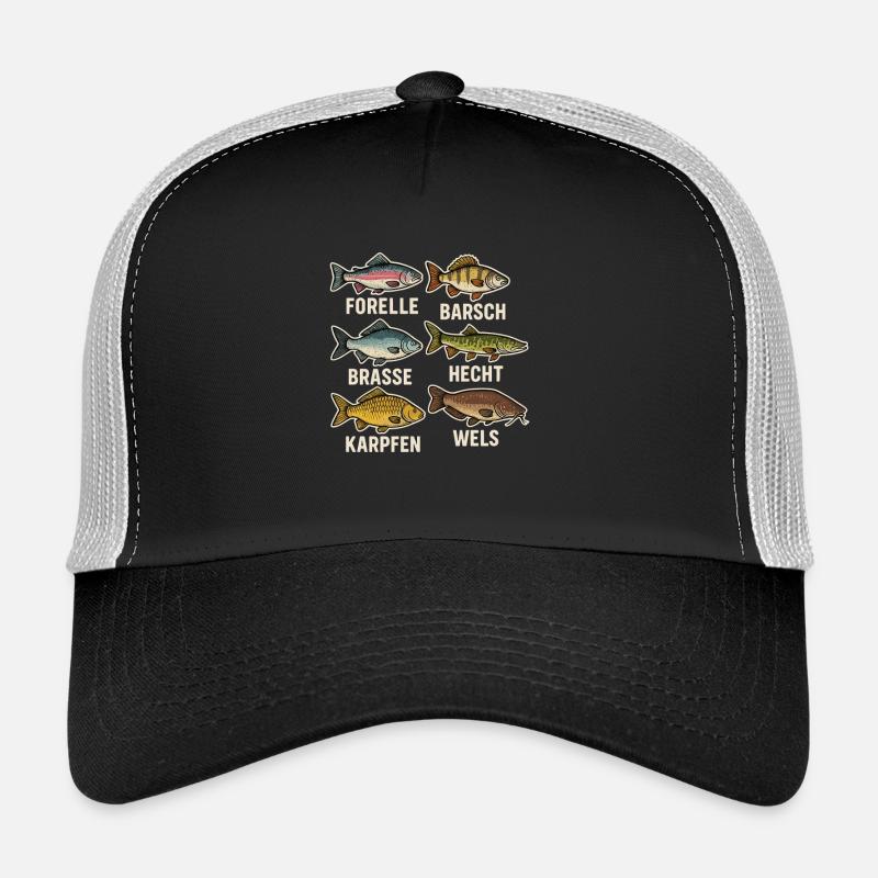 Fischarten Übersicht – Angler Design mit Forelle - Trucker Cap - Schwarz/Steingrau