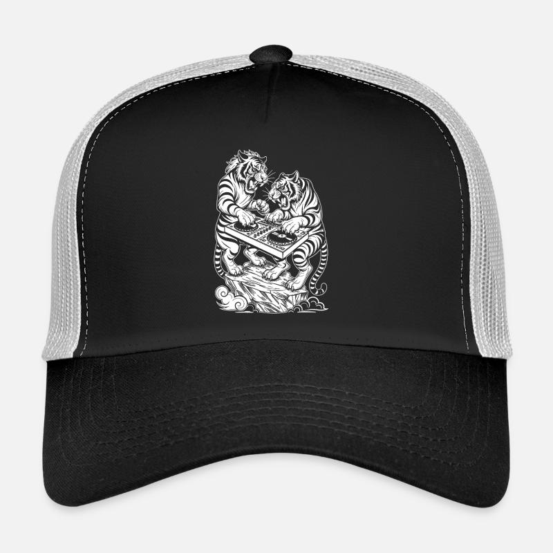 Techno DJ Shirt: Raver Tiger in Electro Vibes - Trucker Cap - Schwarz/Steingrau