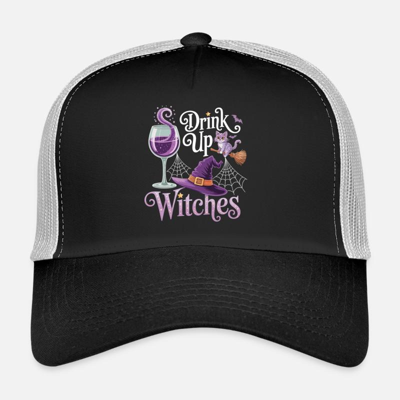 Witch Party with Style – T-Shirt with Cat & Wine Trucker Cap