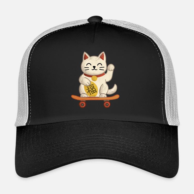 Maneki-neko Katzen-Skateboard - Trucker Cap - Schwarz/Steingrau
