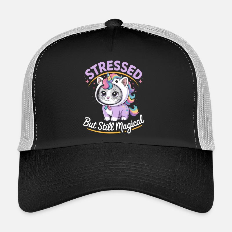 Gestresst und doch magisch - Lustige Katze Einhorn - Trucker Cap - Schwarz/Steingrau