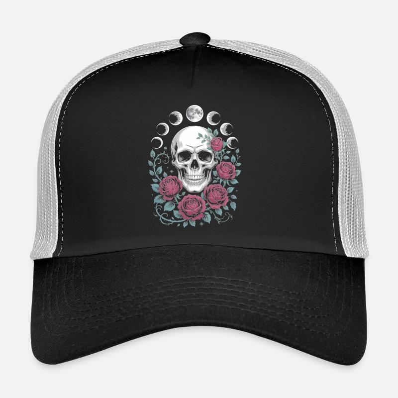 Crâne gothique avec phases de lune et motifs de roses Casquette trucker 