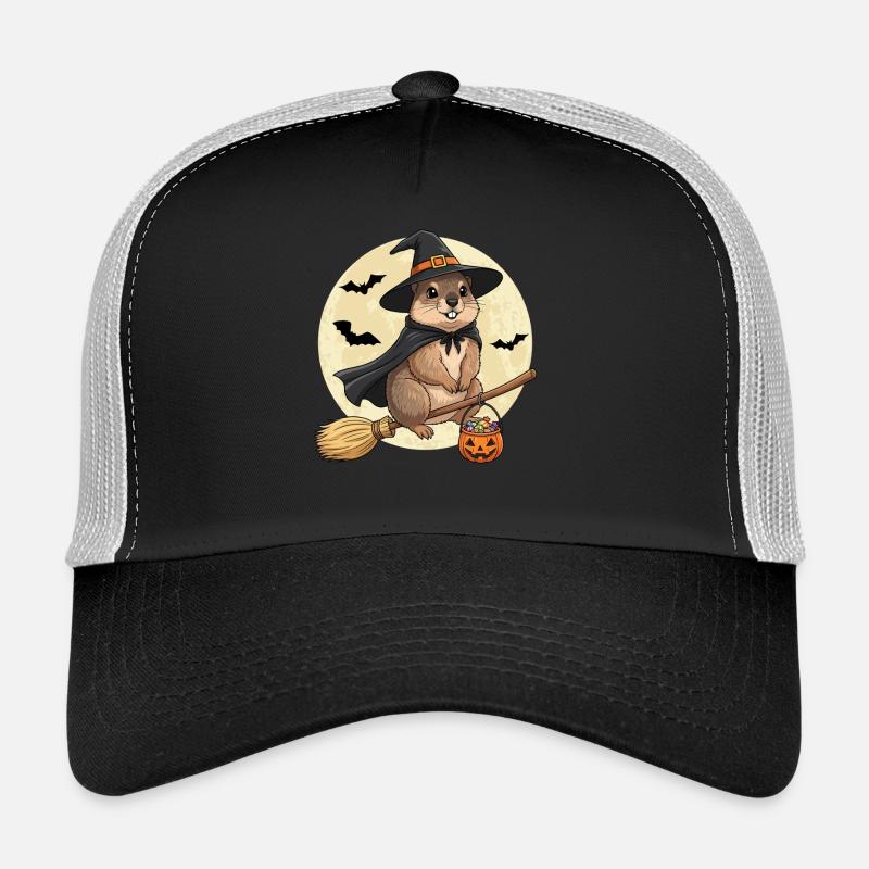 Cute Groundhog Witch Halloween Pumpkin Full Moon Trucker Cap