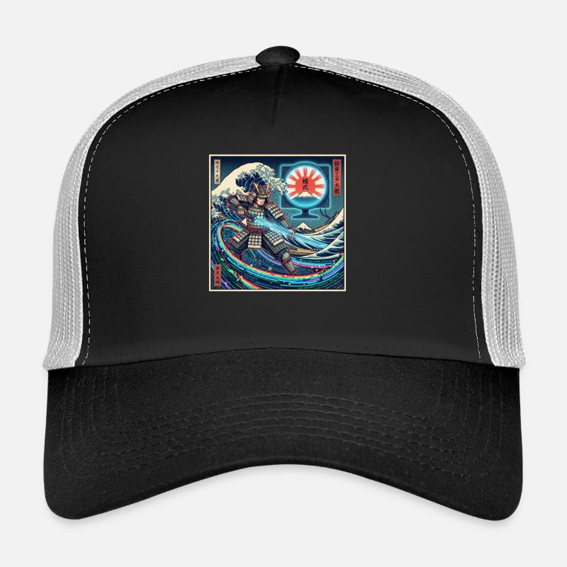 Cyber Samurai 模式 devant les vagues et Fuji - Casquette trucker  - noir/gris pierre