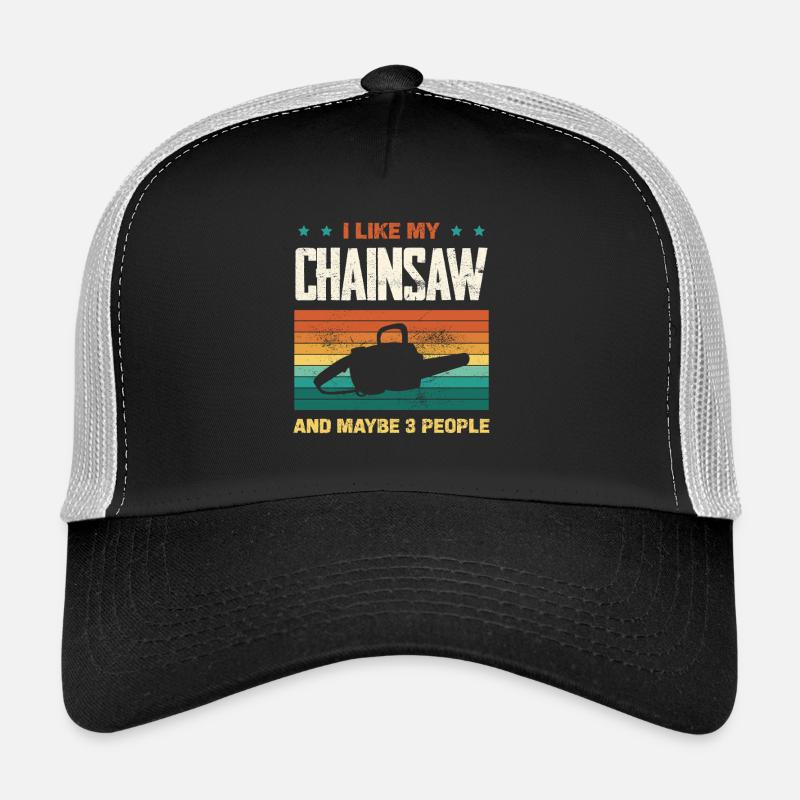 Chainsaw humor in retro rainbow Trucker Cap
