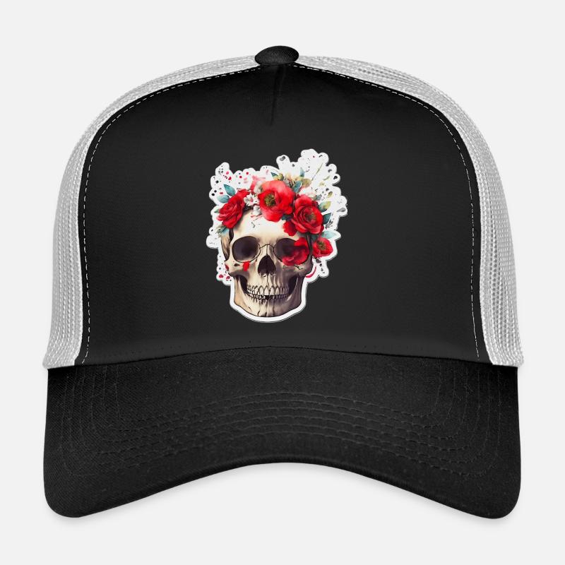 Skull with red flowers Trucker Cap