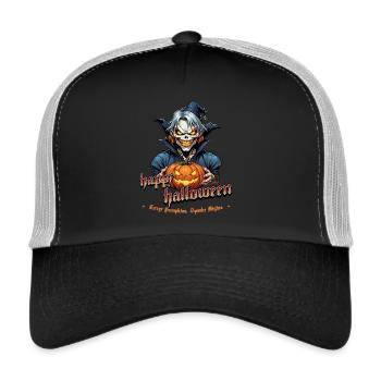 Halloween Kürbis Gruselclown mit Hexenhut - Trucker Cap - Schwarz/Steingrau - Vorne