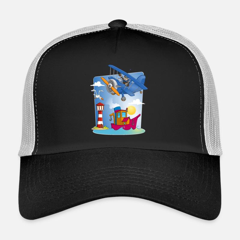 Sonne, Meer, Flugzeug, Boot, Leuchtturm und Möwe - Trucker Cap - Schwarz/Steingrau