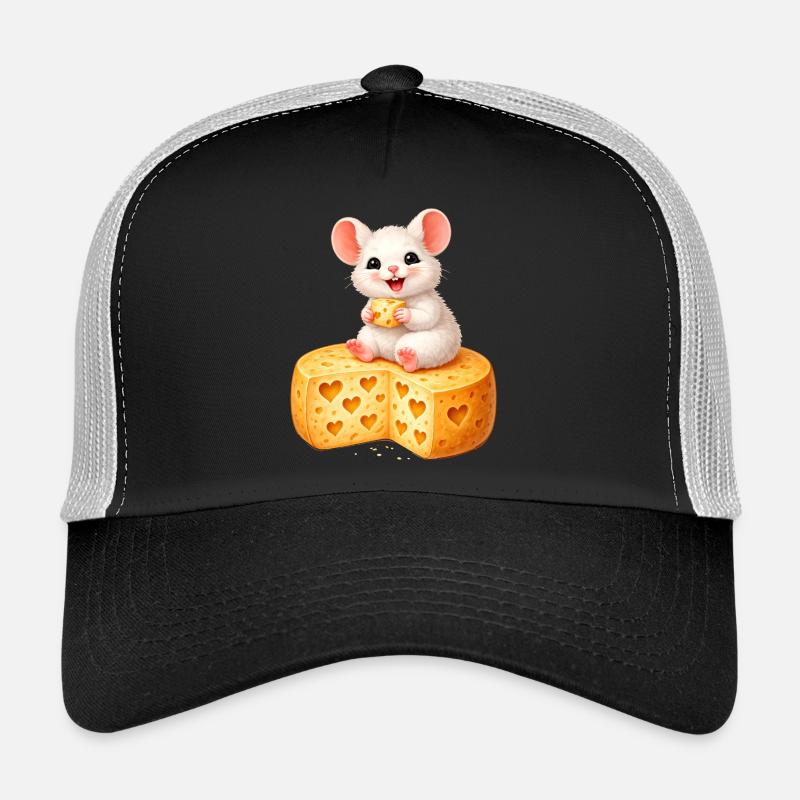 Cute mouse on cheese with heart holes illustration Trucker Cap