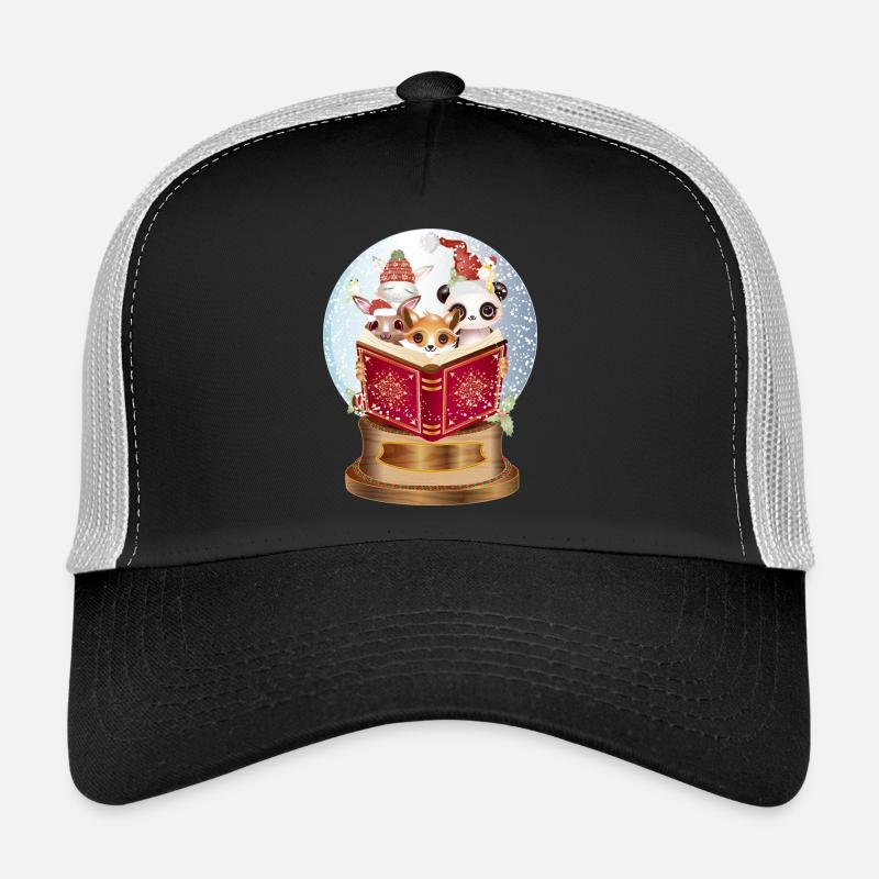 Animals reading in a snow globe at Christmas Trucker Cap