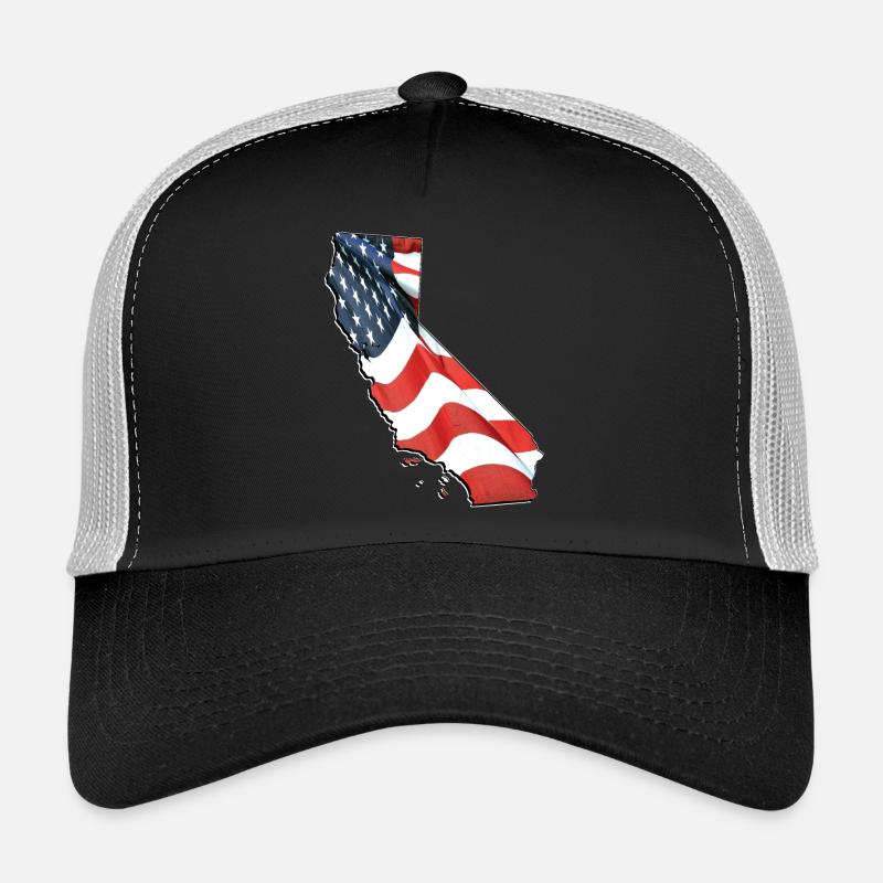 USA Flag in California State Map Trucker Cap