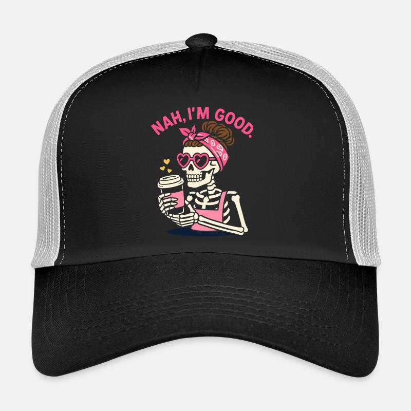 Rosa Retro-Skelett mit Kaffee- und Herztönen - Trucker Cap - Schwarz/Steingrau