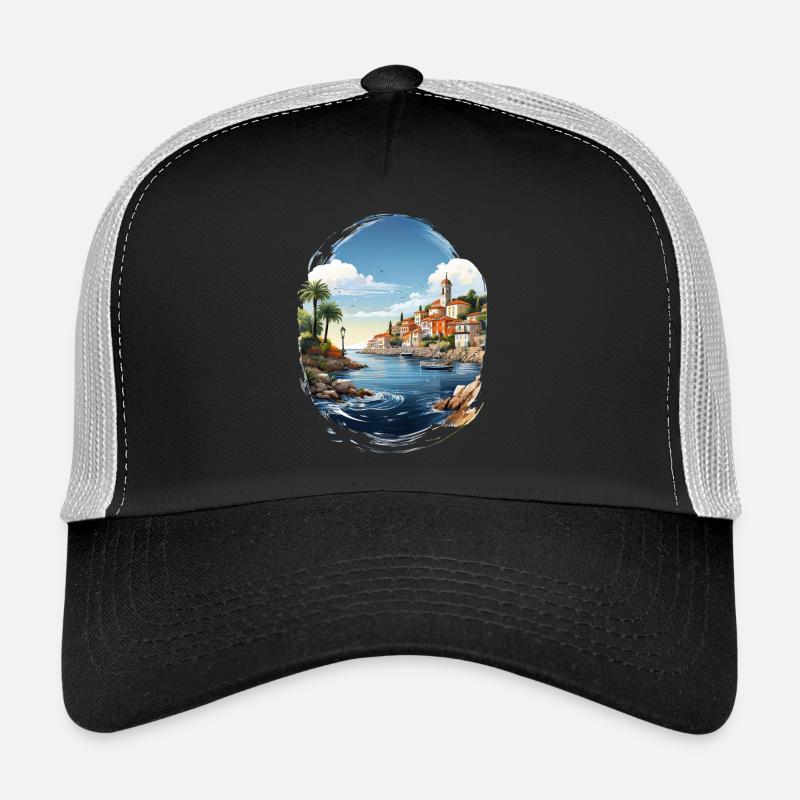 Sea view with coastal town and palm tree Trucker Cap