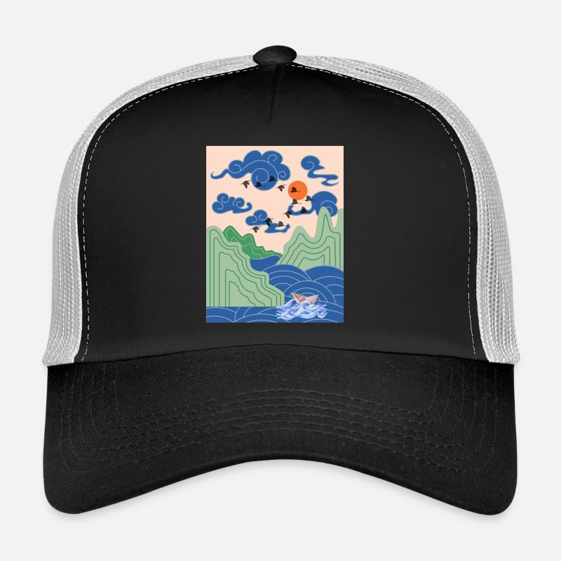 Korean Art Design mit Kranichen & Origami Boot - Trucker Cap - Schwarz/Steingrau