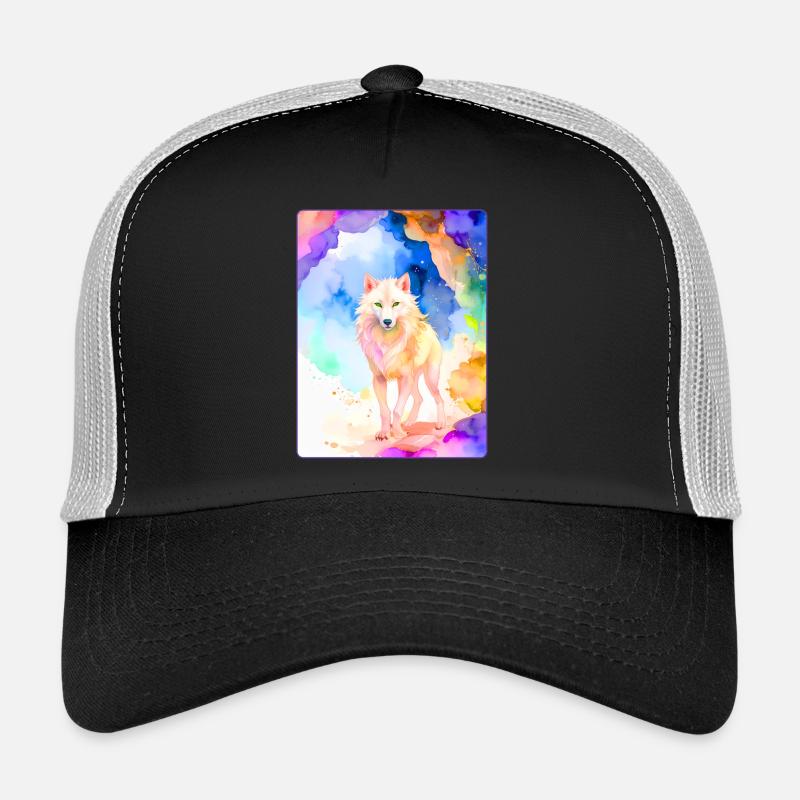 Loup blanc devant une grotte colorée - Casquette trucker  - noir/gris pierre