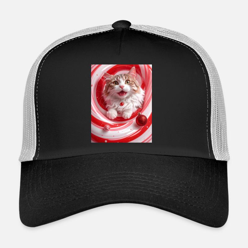 Chat de Noël dans un tourbillon de menthe poivrée rouge Casquette trucker 