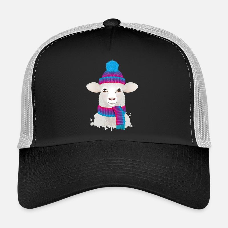 mouton blanc avec chapeau à bobble coloré et écharpe tricotée Casquette trucker 