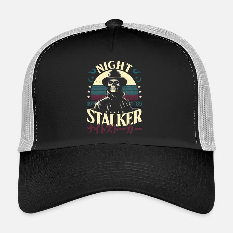 Night Stalker 1985 Retro Skull & Japanese Letters Trucker Cap