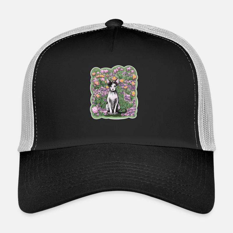 Illustration d’un chat sphynx parmi les fleurs Casquette trucker 